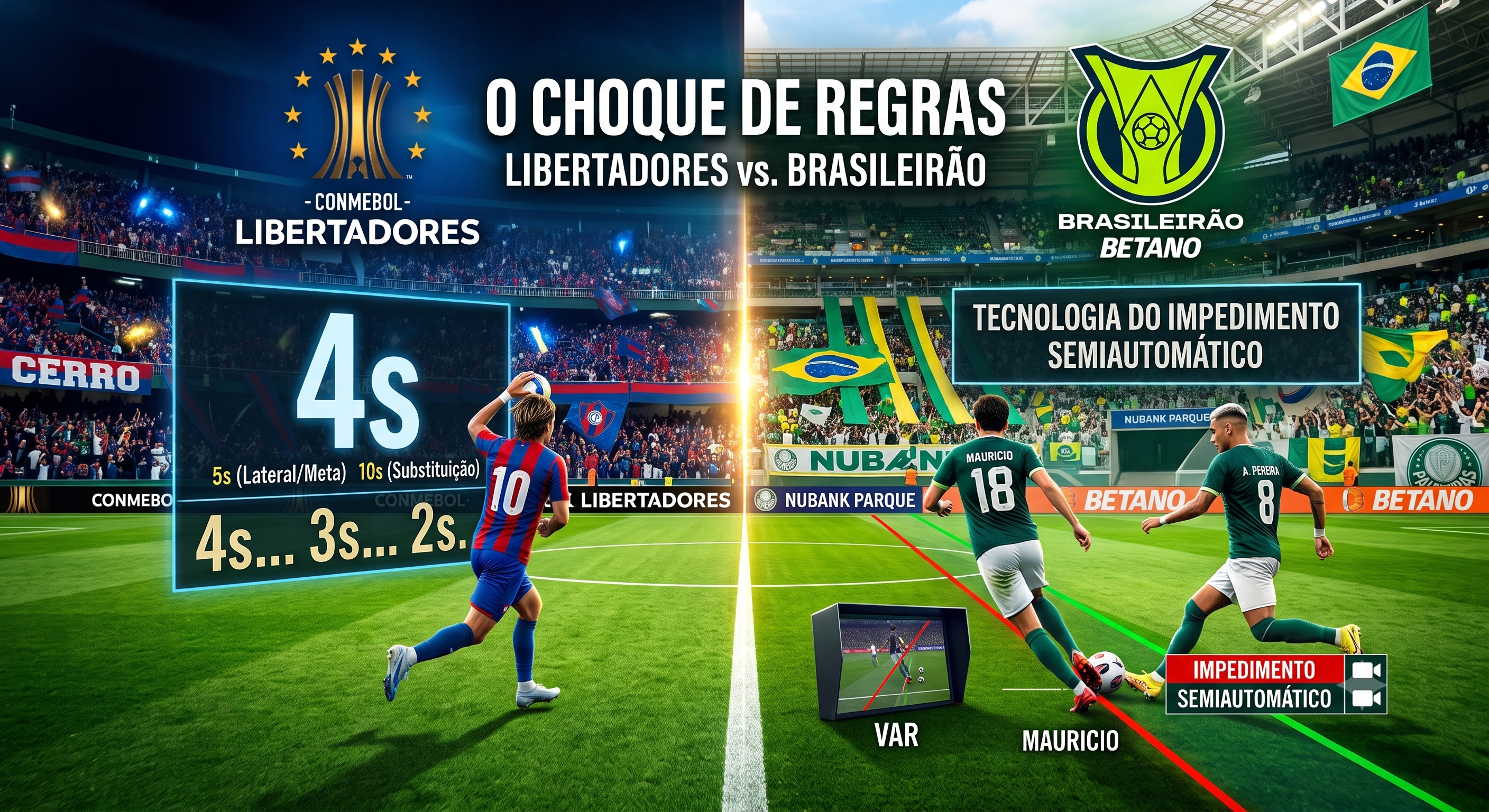 Novas Regras da FIFA: Impacto no Palmeiras e no Futebol Brasileiro (2026) Arte dividindo o campo de futebol, de um lado o logo da Conmebol Libertadores com um cronômetro, do outro o logo do Brasileirão com a tecnologia do impedimento semiautomático.