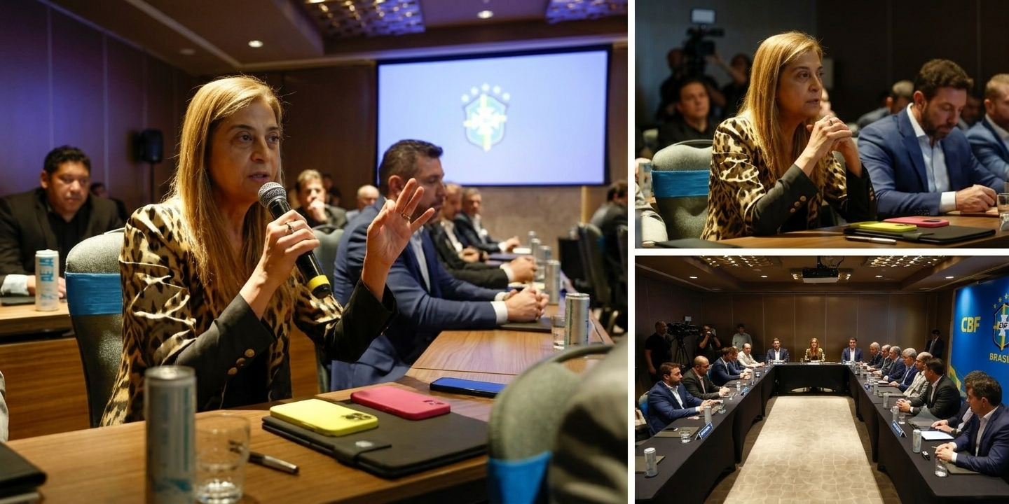 Leila Pereira representa o Palmeiras em reunião decisiva na CBF Montagem de fotos mostrando Leila Pereira, presidente do Palmeiras, falando ao microfone durante reunião com outros dirigentes na sede da CBF.