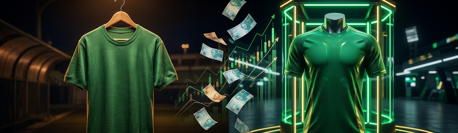 Evolução dos Patrocínios do Palmeiras Montagem ilustrativa mostrando uma camisa retrô e uma camisa moderna do Palmeiras divididas por gráficos financeiros, representando a evolução dos patrocínios.